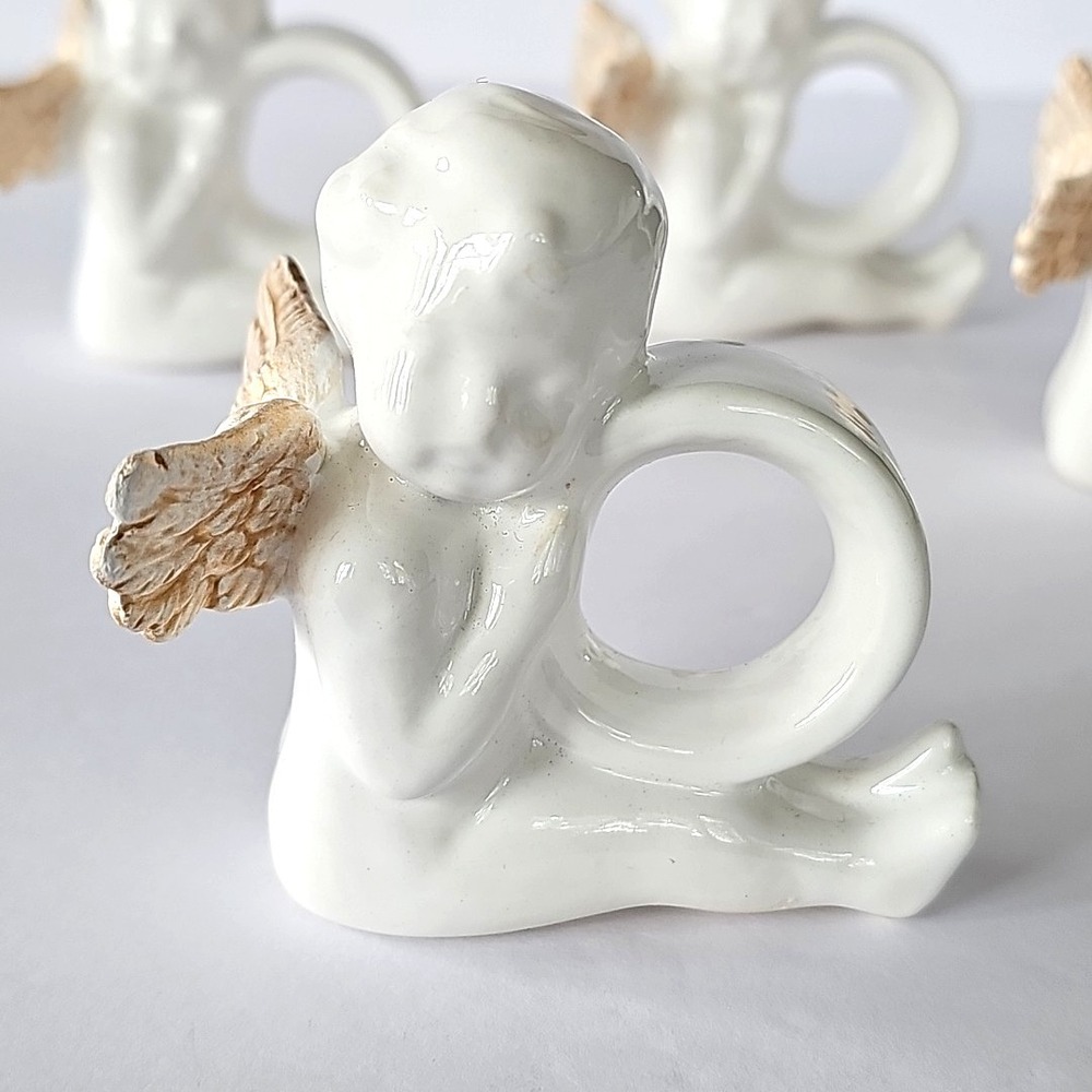 Vintage Ceramic Cherub Angel Napkin Rings Gold Wing Set 4 Angelcore Cottagecore